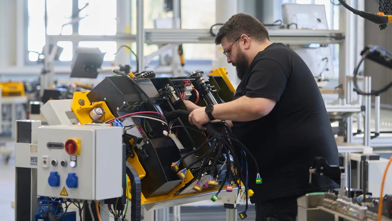 Mitarbeiter arbeitet am Leitungssatz des Fahrzeugs auf der Montagevorrichtung