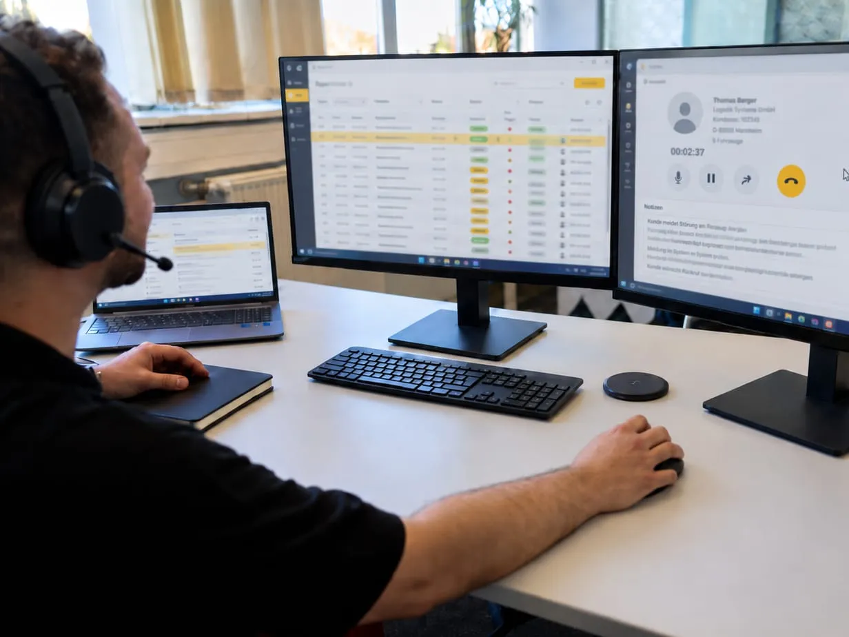 Hotline-Support, Servicemitarbeiter mit Headset vor Ticketübersicht und laufendem Anruf