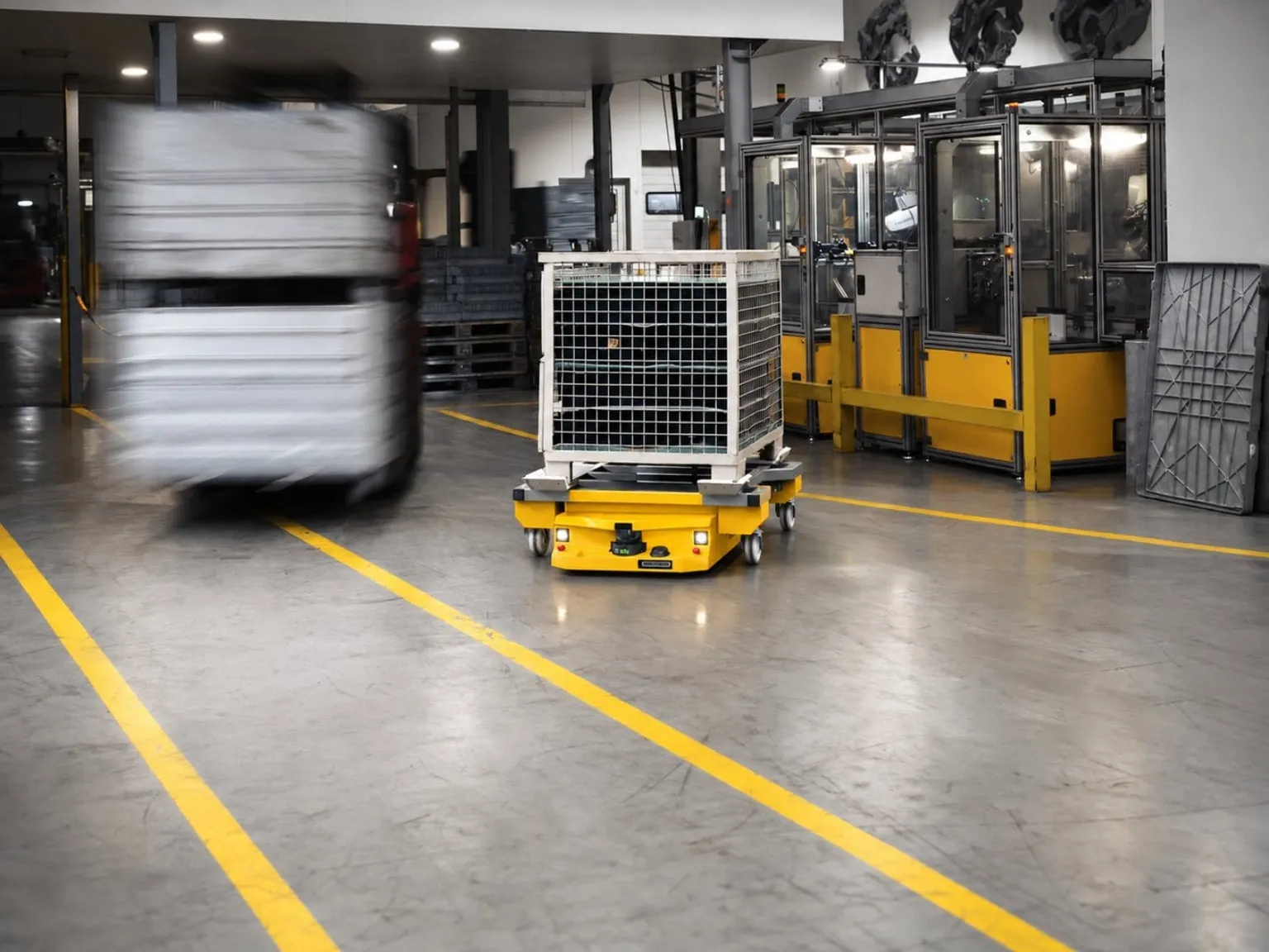Autonomer mobiler Roboter mit Gitterbox im Mischverkehr mit einem Gabelstapler in der Produktionshalle